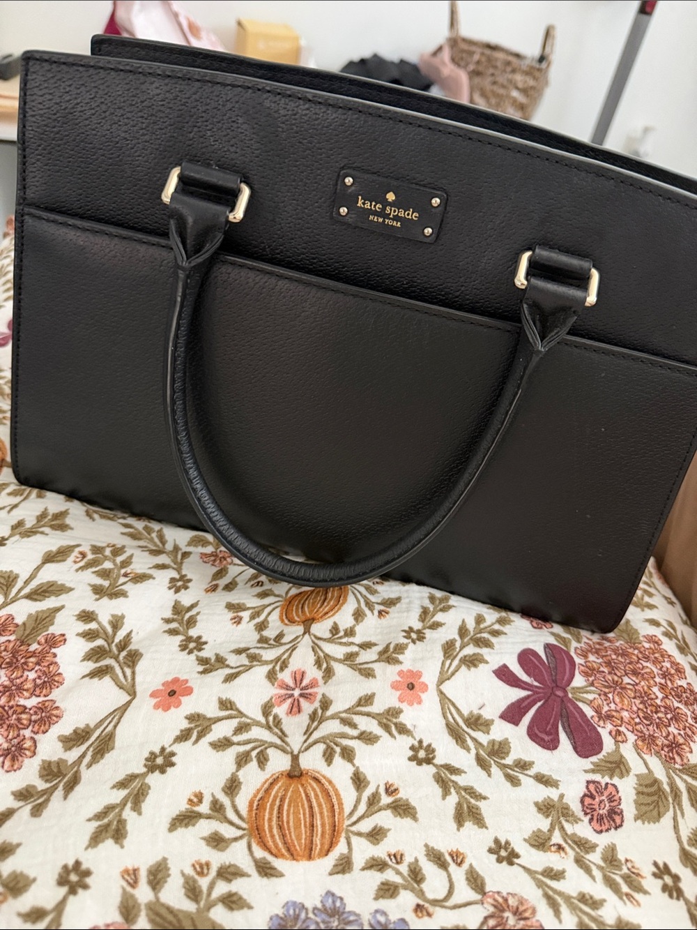 kate spade Black Leather Structured Tote with Gold-Tone Plaque